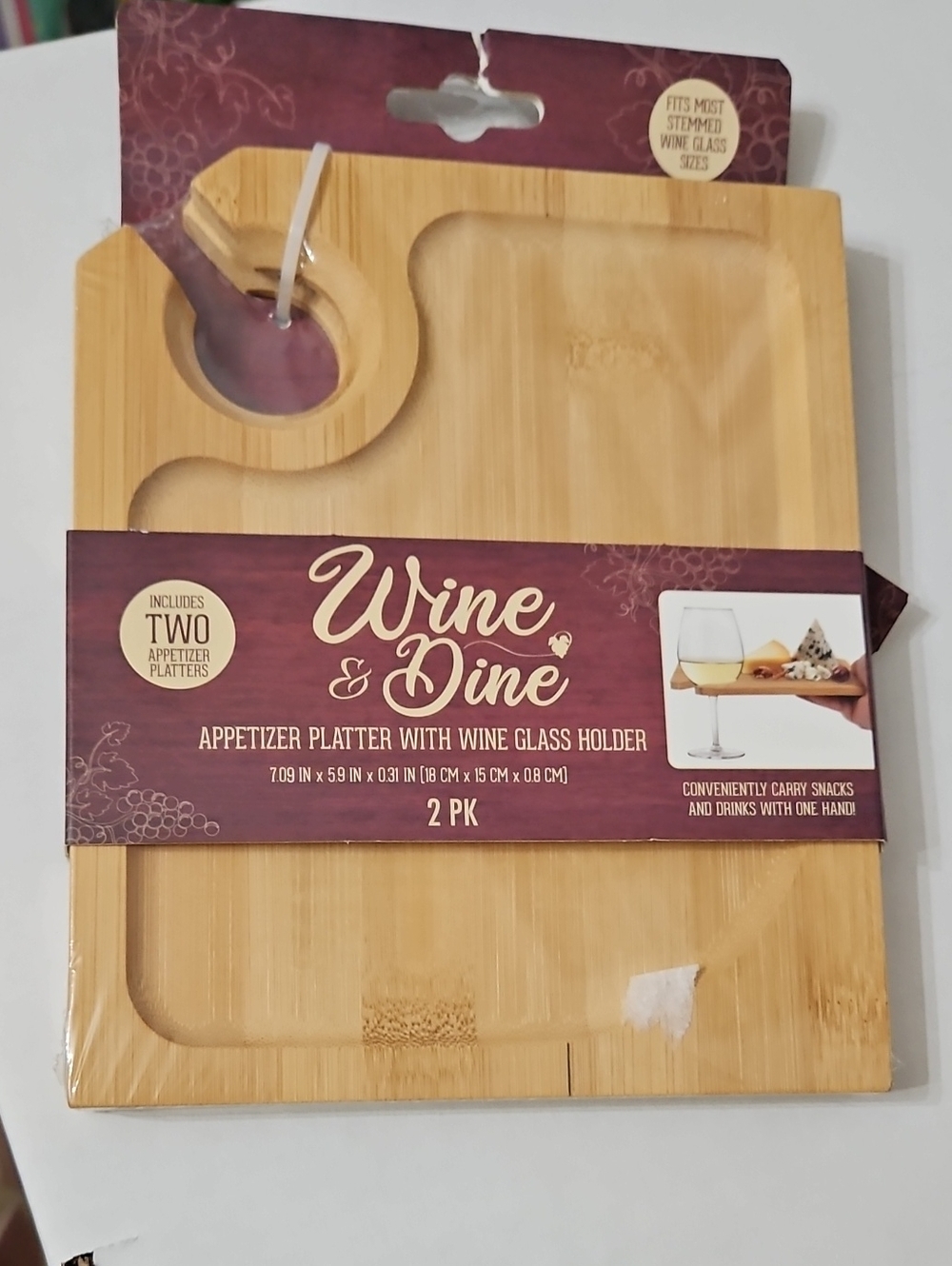 Bamboo Appetizer Platter with Wine Glass Holder - Natural